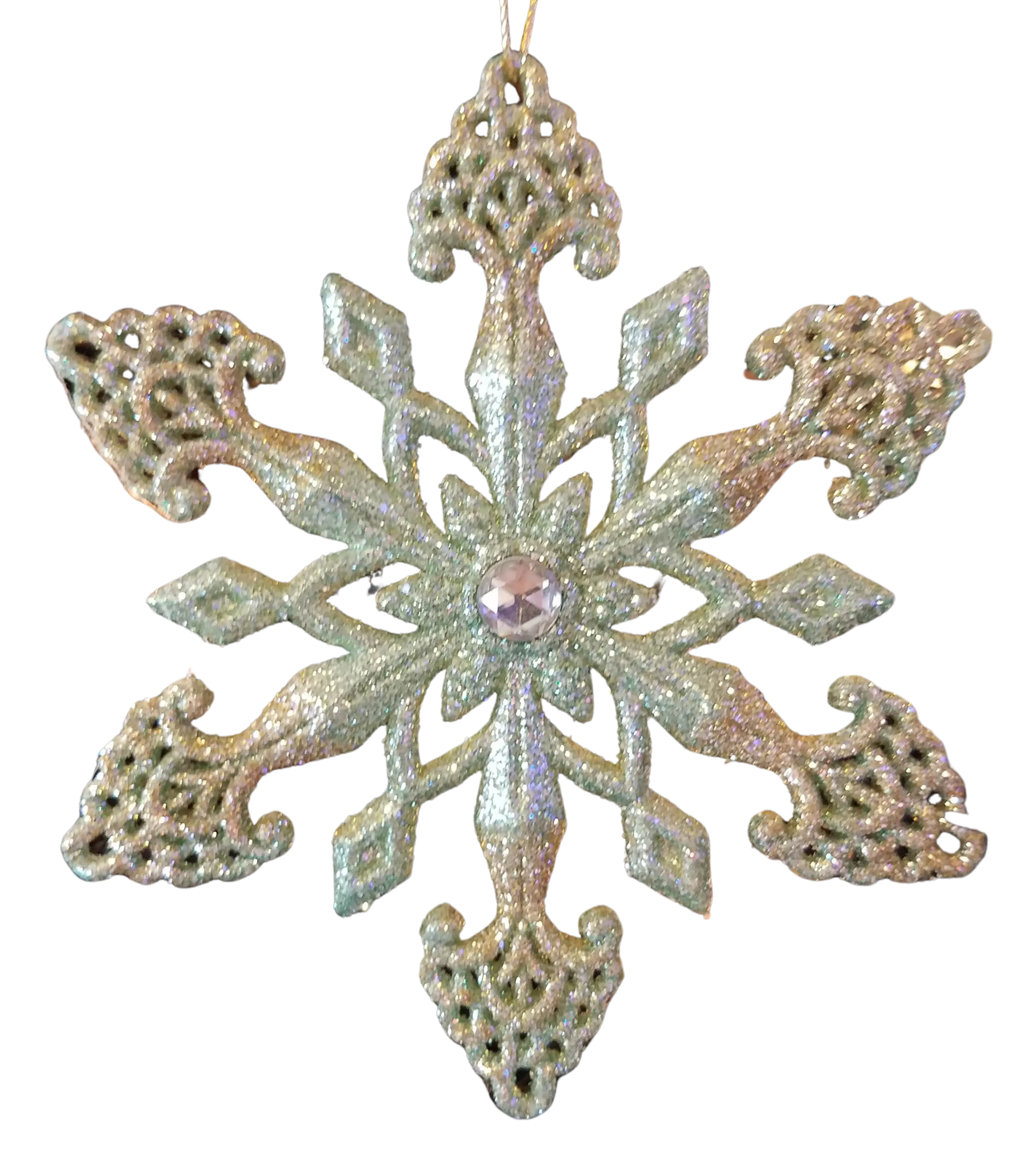 Green/Gold Snowflake Ornament with Design & Crystal Gem Glitter 5" Resin