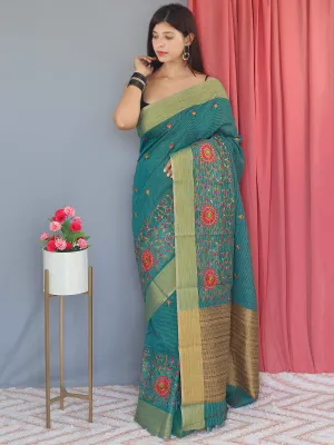 Greenish Blue Saree in Cotton Linen Multicolor Threadwork Embroidered