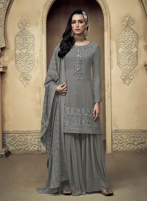 Grey Allover Embroidered Designer Sharara Suit