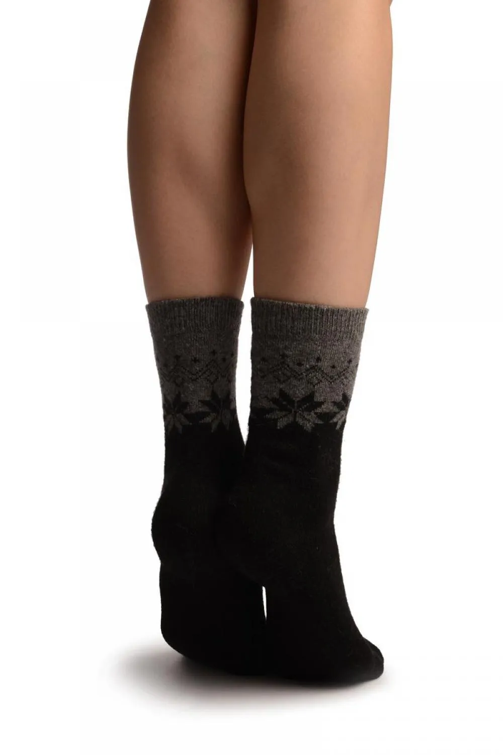 Grey & Black Duo With Snowflakes Angora Ankle High Socks