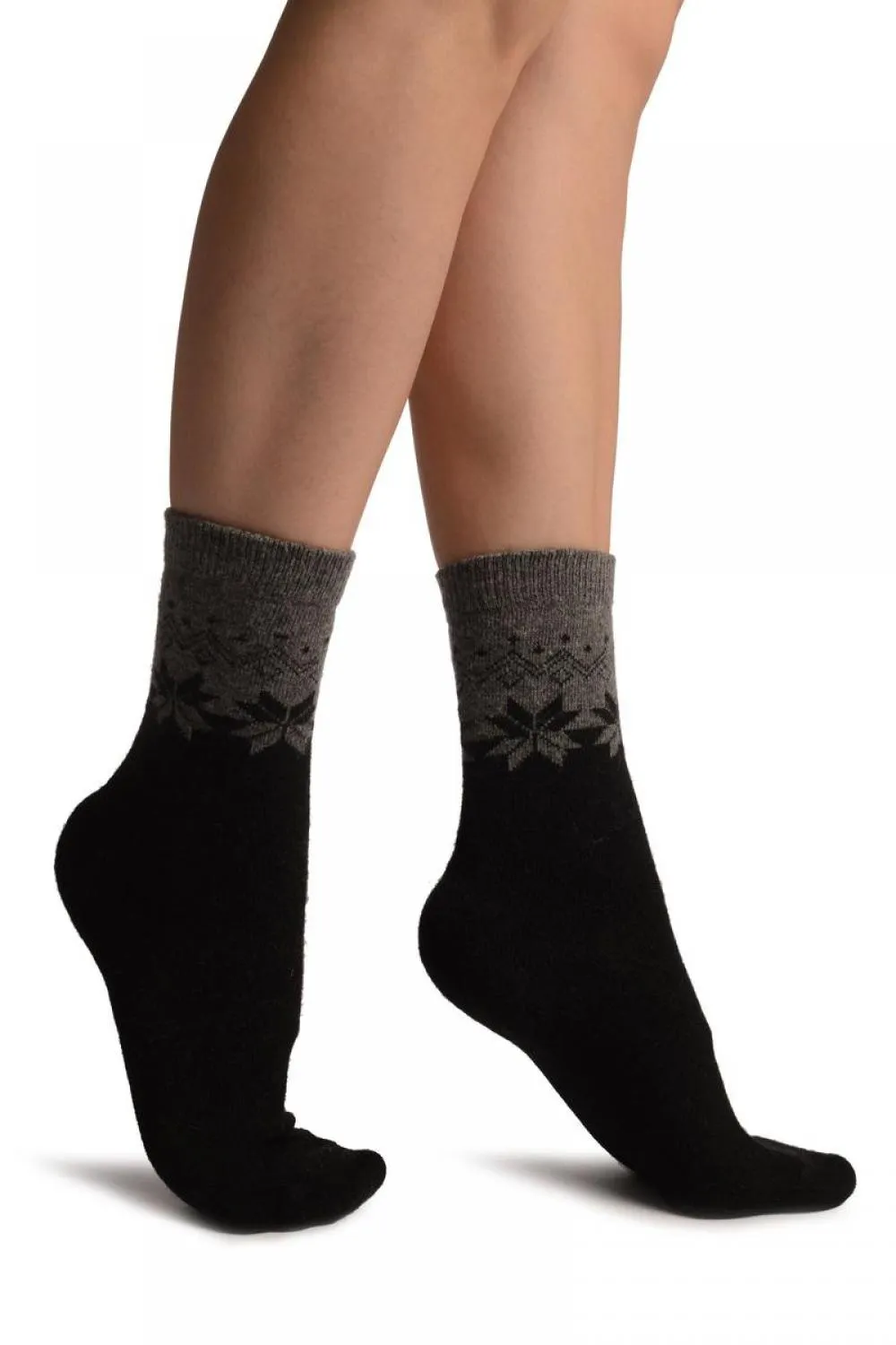 Grey & Black Duo With Snowflakes Angora Ankle High Socks