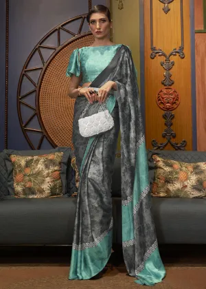 Grey & Blue Designer Satin Crepe Printed Saree