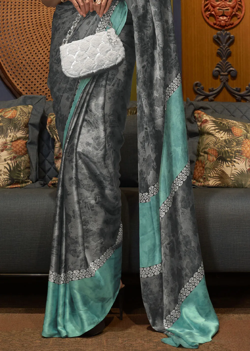 Grey & Blue Designer Satin Crepe Printed Saree