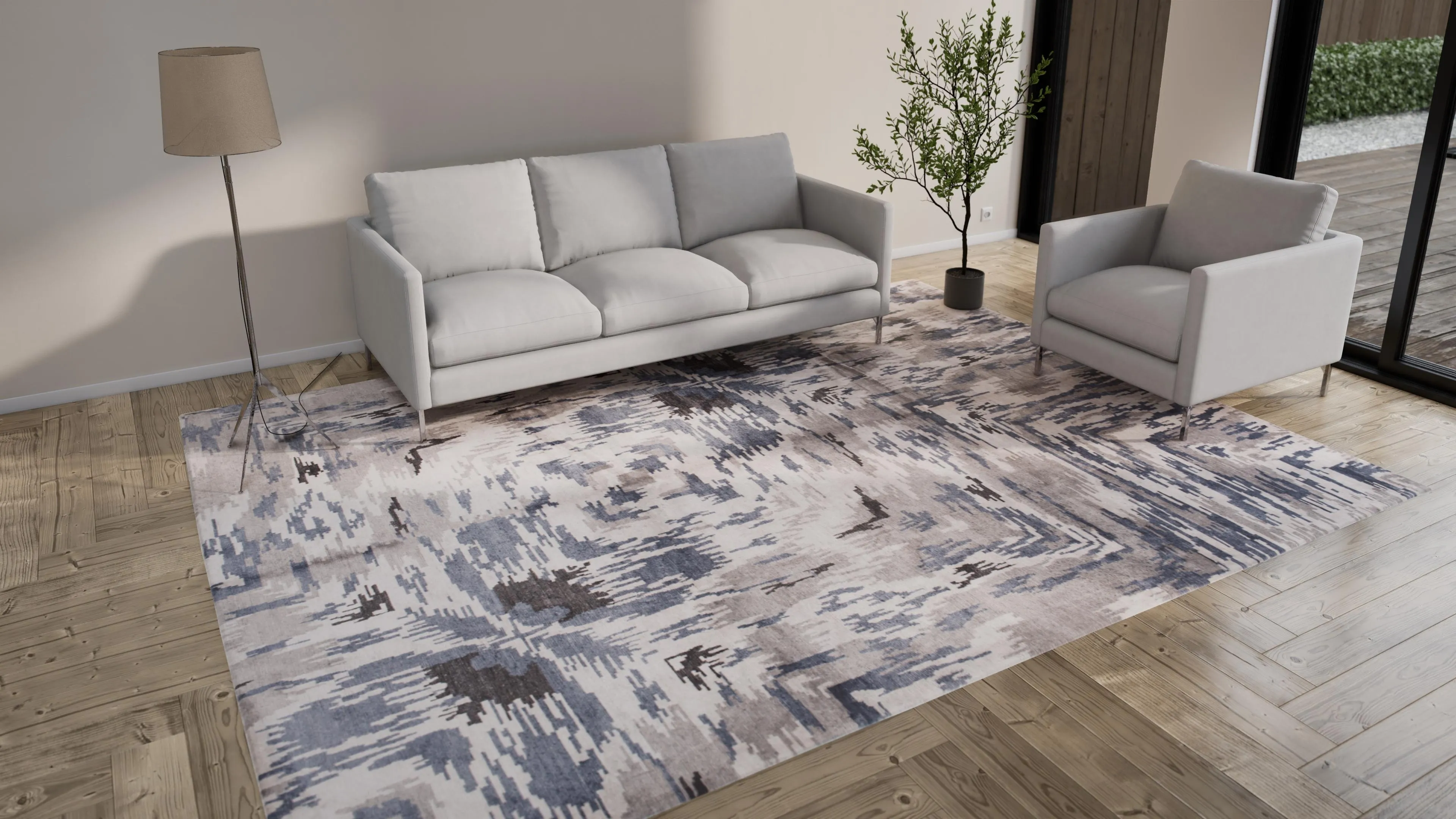 Grey & Blue Modern Wool Blend Rug - 9'4" x 12'3"