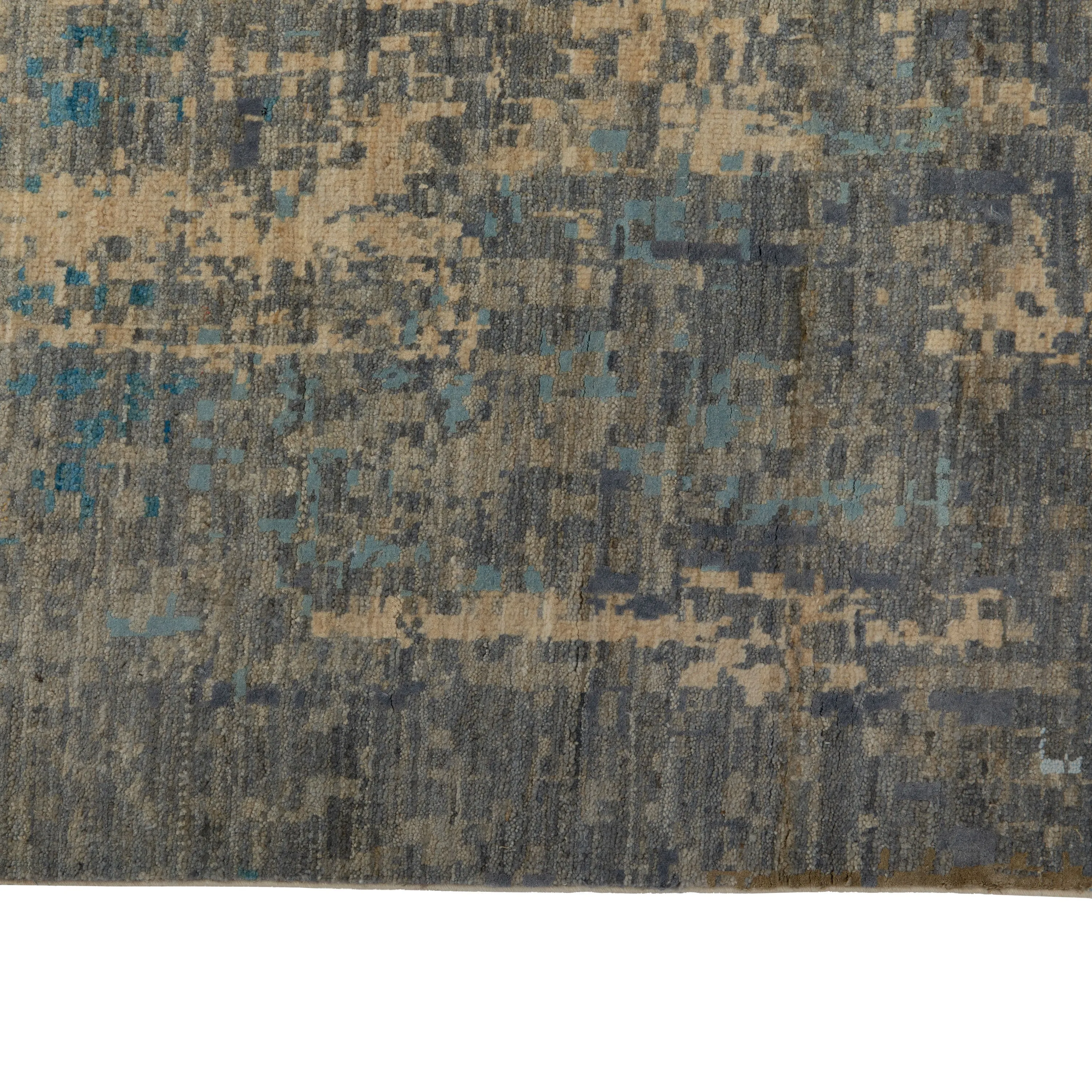 Grey & Blue Modern Wool Silk Blend Runner - 4' x 13'