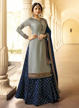 Grey And Blue Embroidered Lehenga Kurti Set