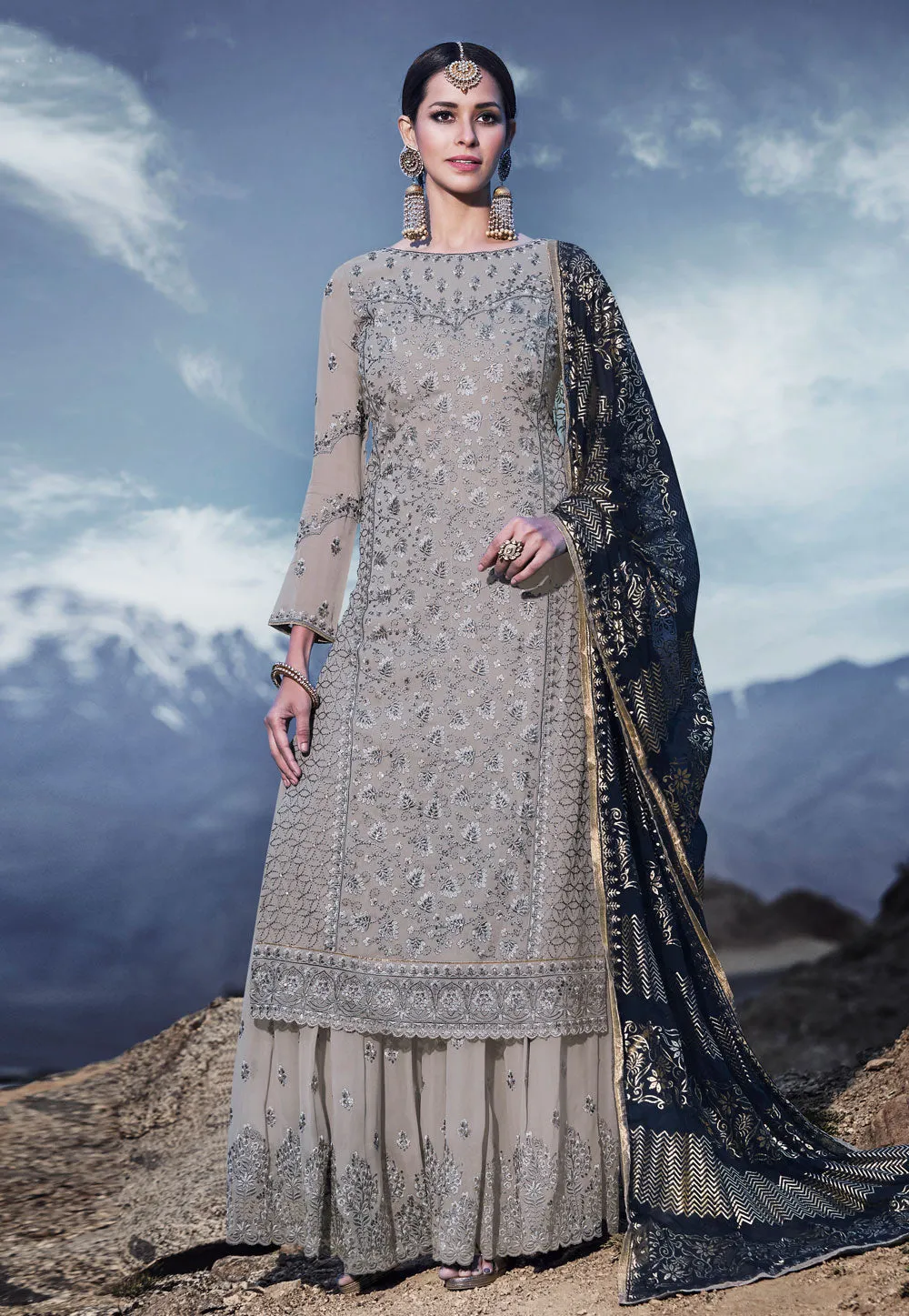 Grey And Blue Embroidered Palazzo Suit