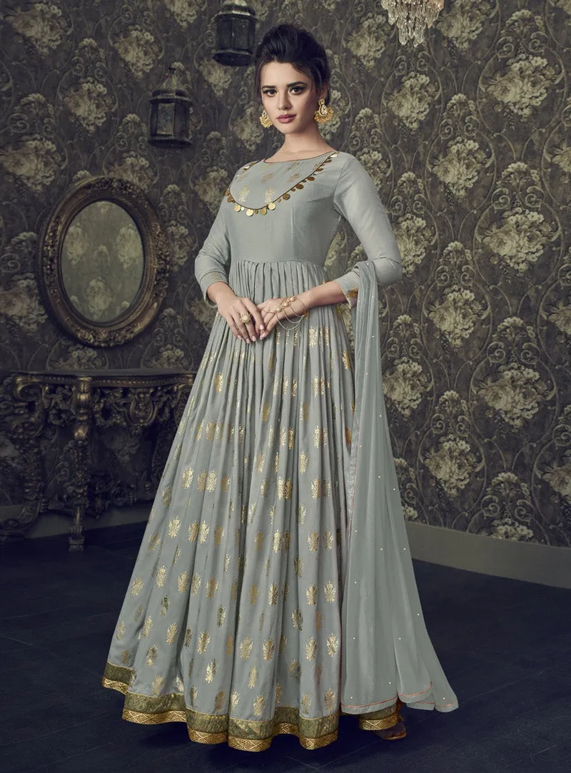 Grey And Golden Embroidered Flared Anarkali Suit