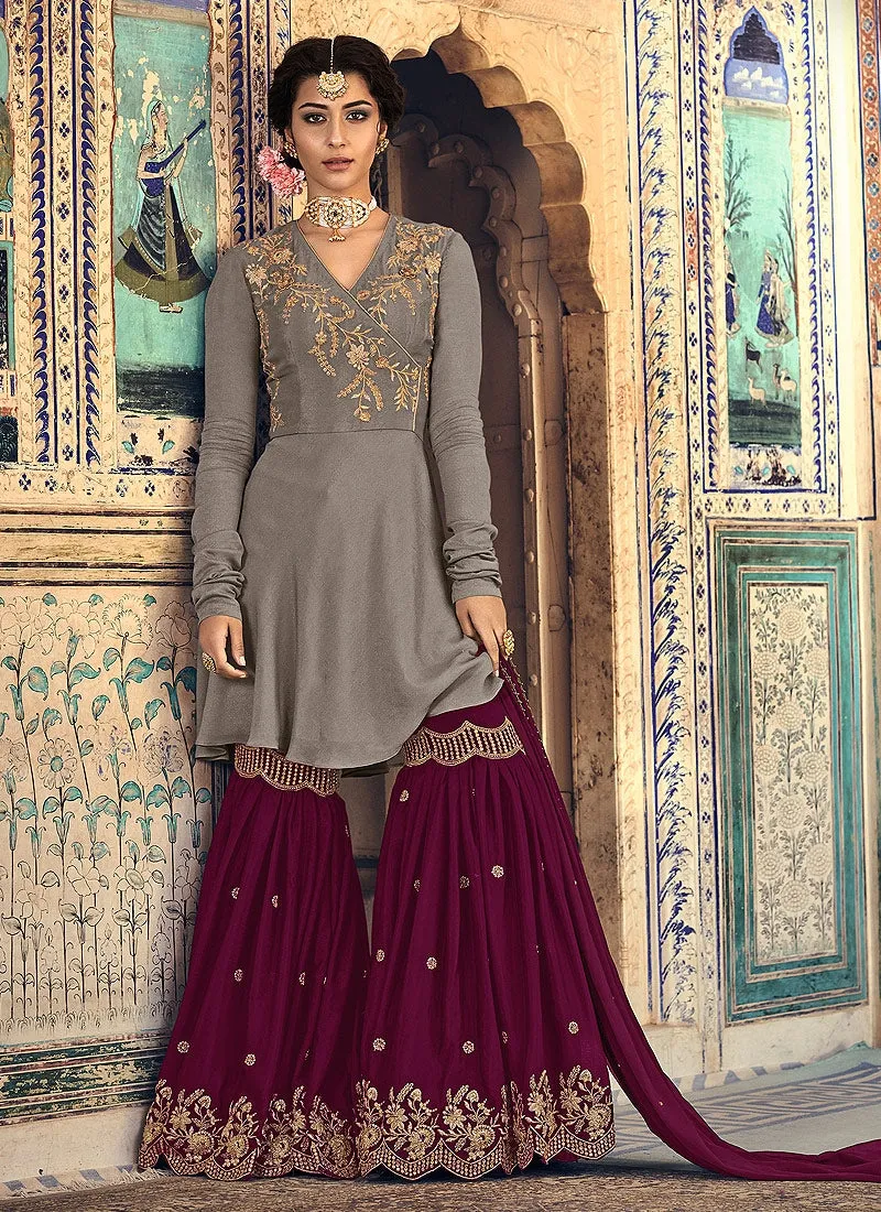 Grey And Maroon Embellished Gharara Suit