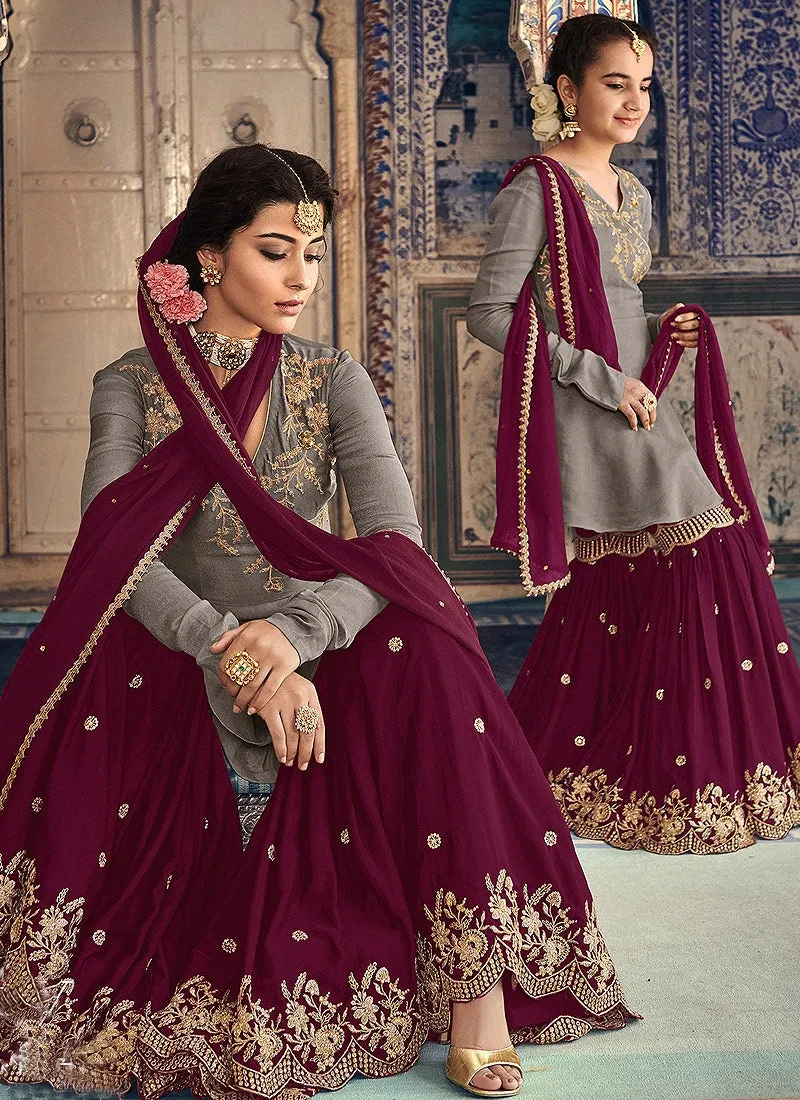 Grey And Maroon Embellished Gharara Suit