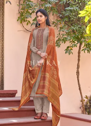 Grey And Orange Embroidered Pant Style Salwar Suit