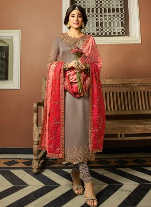 Grey And Peach Multi Embroidered Designer Pakistani Pant Suit