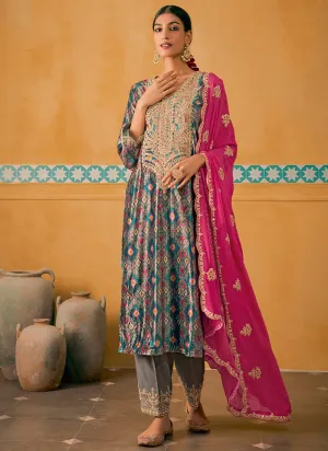 Grey And Pink Embroidered Velvet Kurta Pant Suit