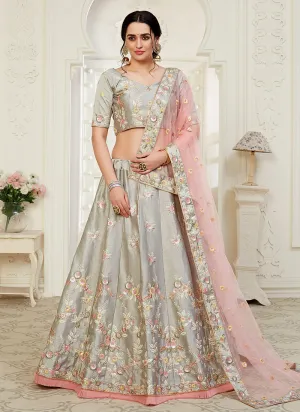 Grey And Pink Floral Embroidered Designer Lehenga Choli