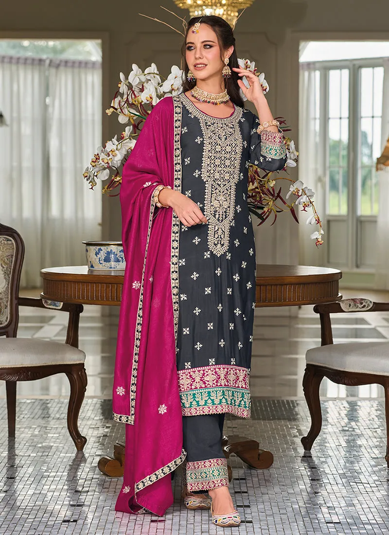 Grey And Pink Multi Embroidery Traditional Salwar Suit