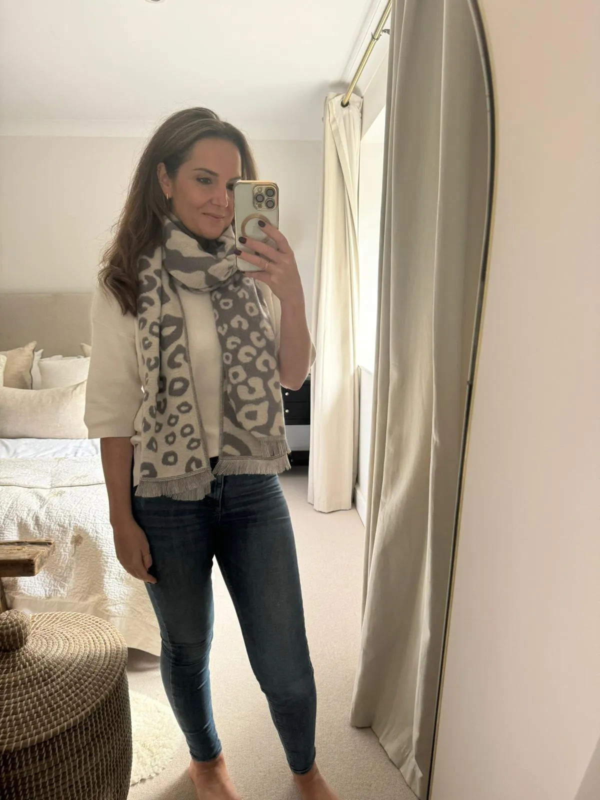 Grey and White Print Knit Scarf