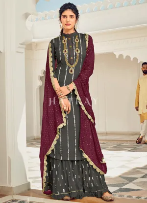 Grey And Wine Embroidered Gharara Style Suit