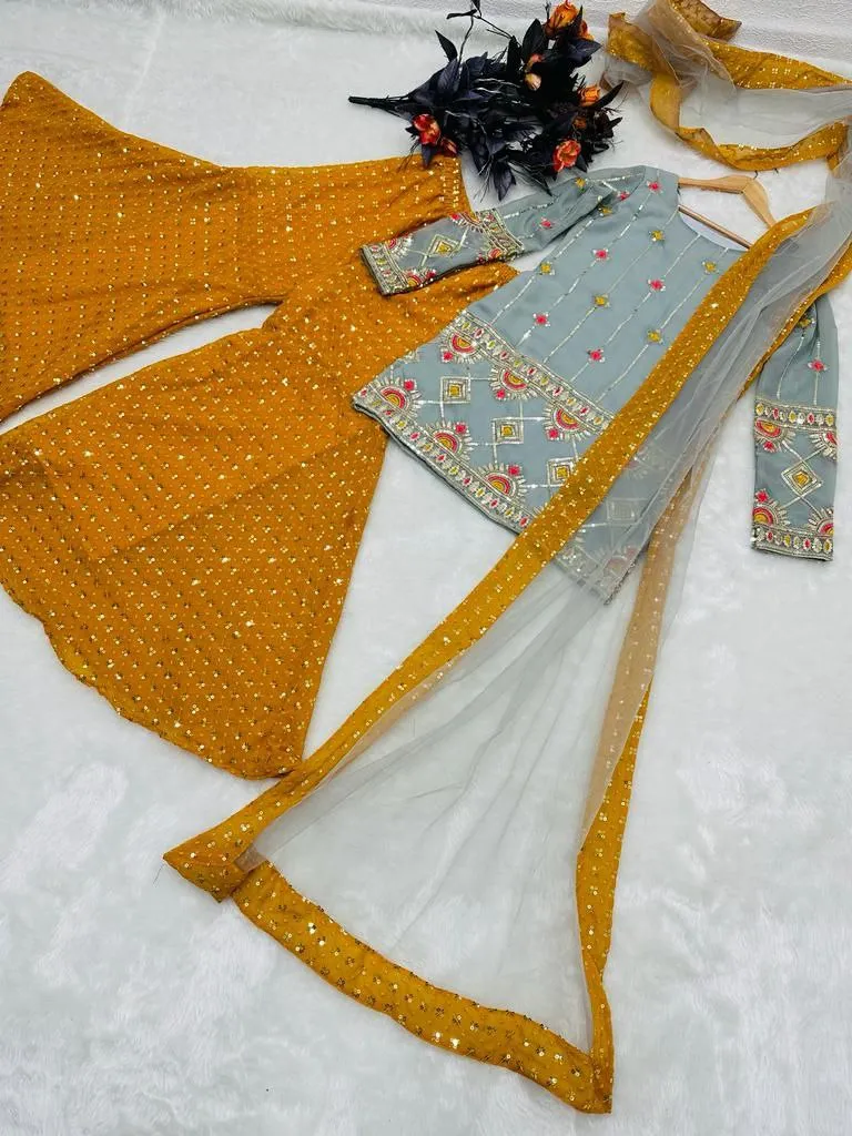 Grey and Yellow Sharara Sets with Embroidery Work