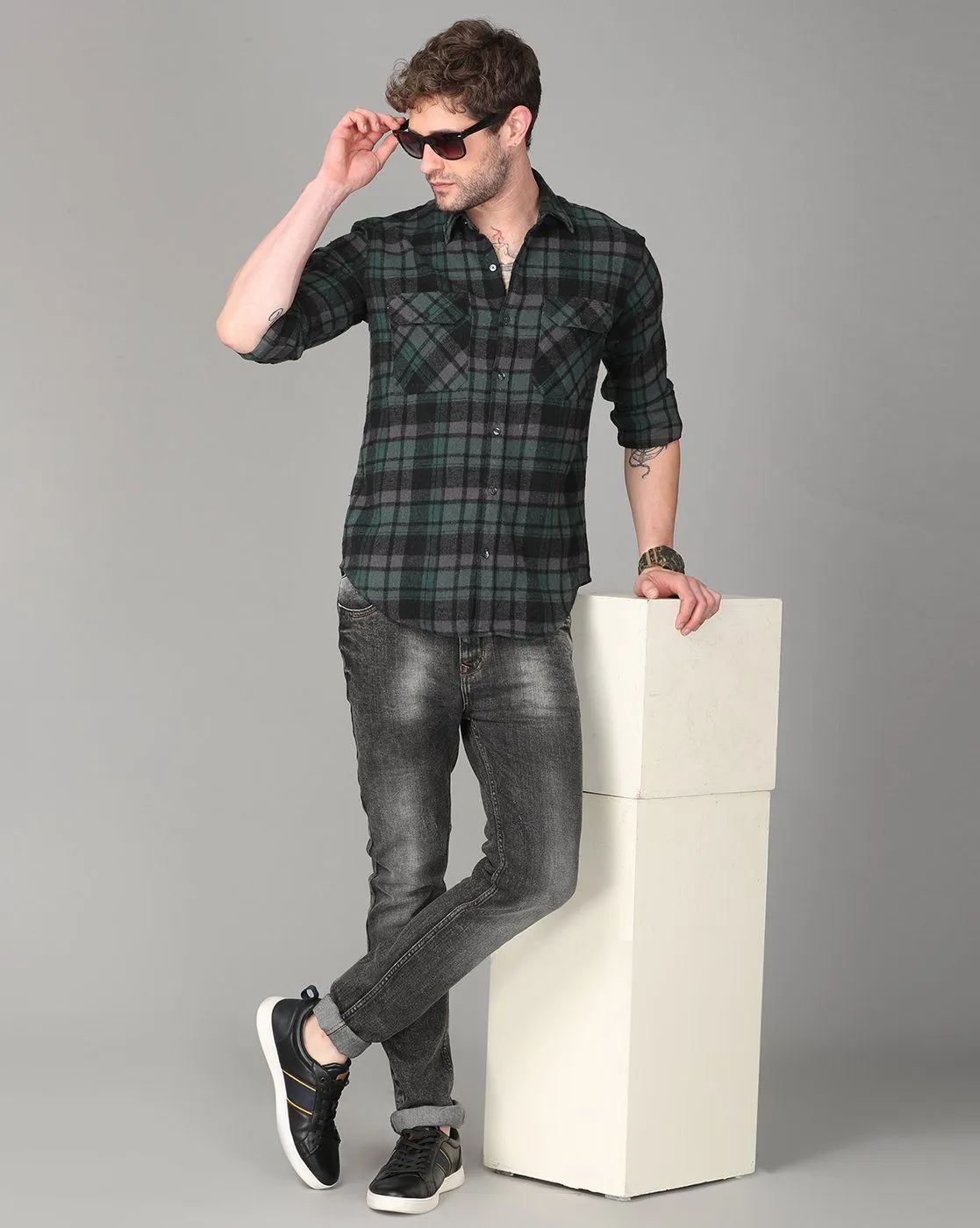 Grey, Black and Green Combo Checked Shirt