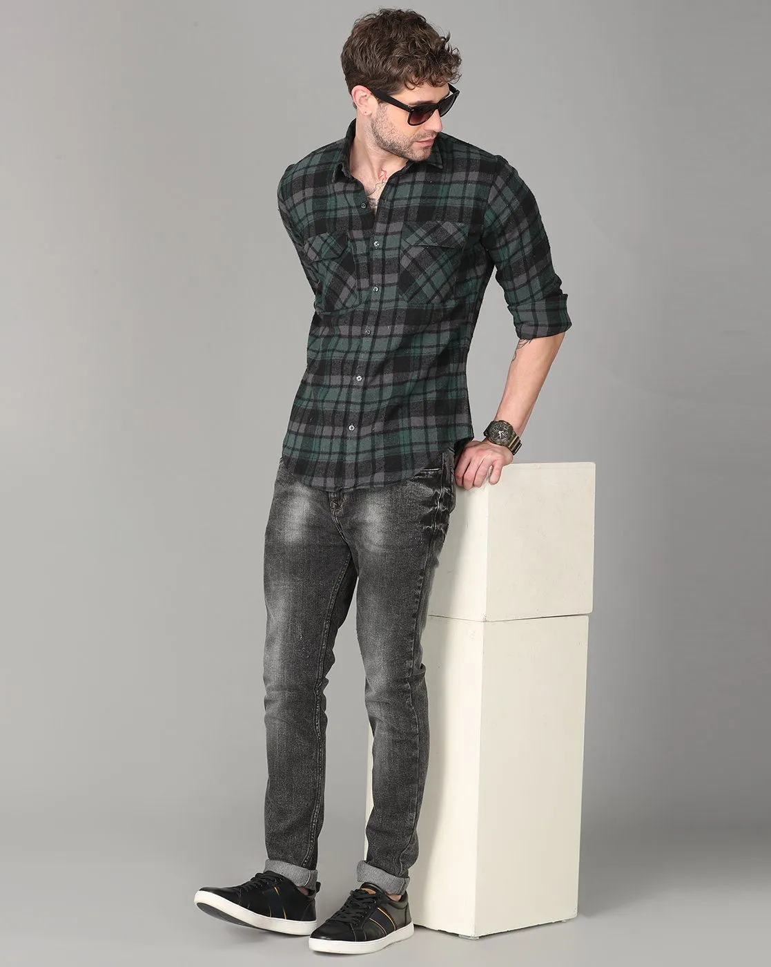 Grey, Black and Green Combo Checked Shirt