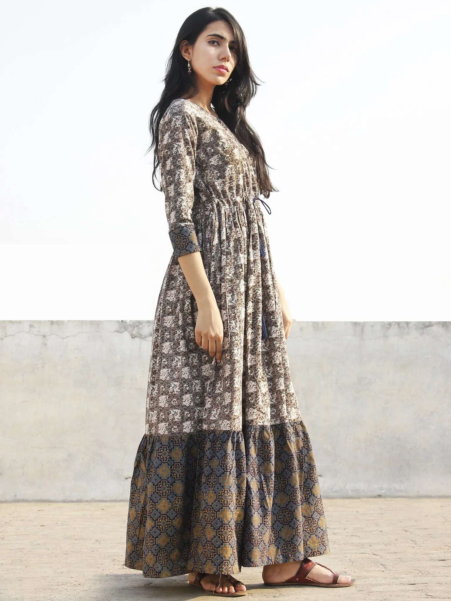 Grey Black Ivory Indigo Red Blue Hand Block Printed Long Cotton Dress  -  D170F770