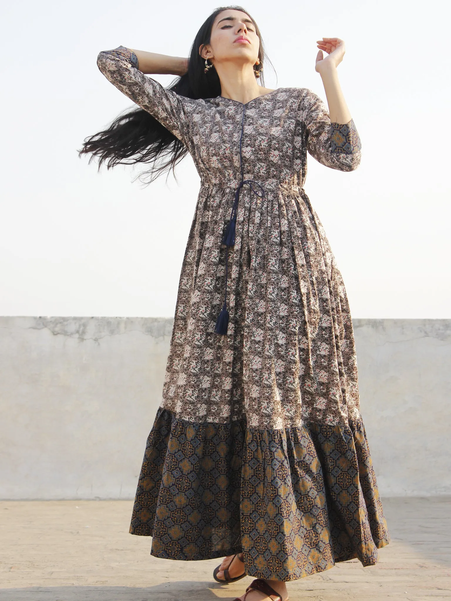 Grey Black Ivory Indigo Red Blue Hand Block Printed Long Cotton Dress  -  D170F770