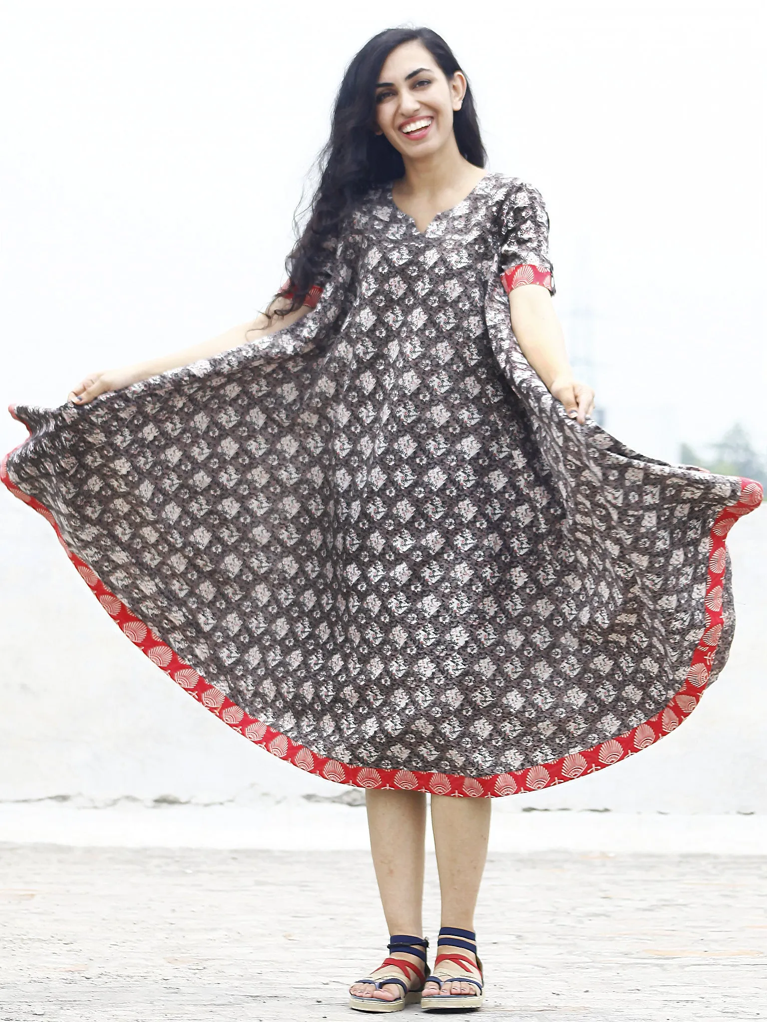 Grey Black Ivory Pink Hand Blocked Printed Cotton Flared Dress -  D84F770