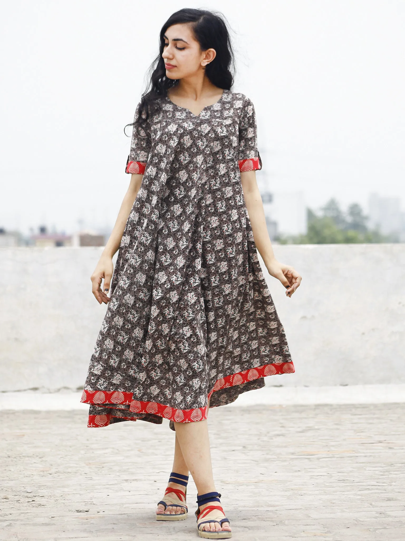 Grey Black Ivory Pink Hand Blocked Printed Cotton Flared Dress -  D84F770