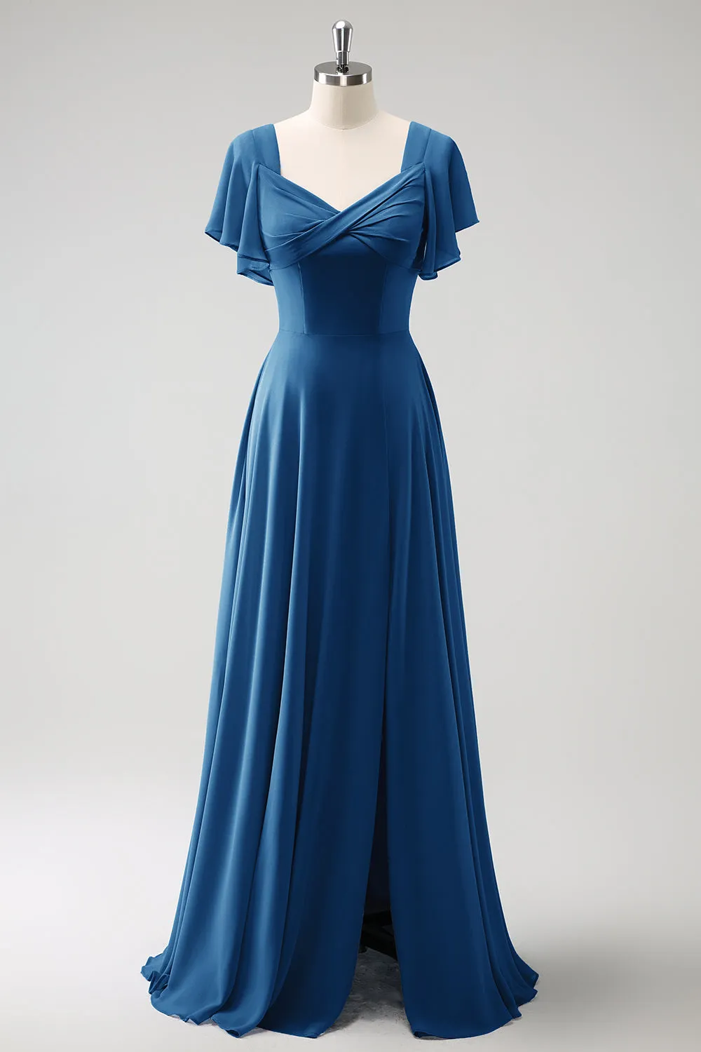 Grey Blue A Line Chiffon Long Bridesmaid Dress with Slit