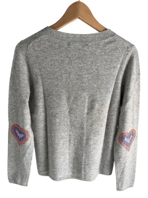 Grey boxy crew neck with multi colour diamante heart elbow patches