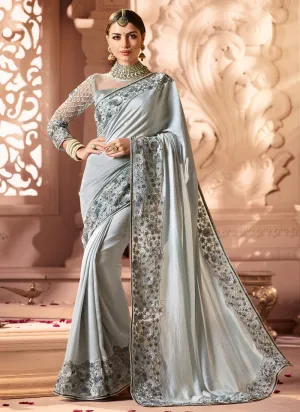 Grey Chic Style Motif Embroidered Silk And Net Designer Saree