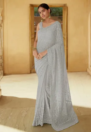 Grey Chikankari Embroidered Party Wear Saree