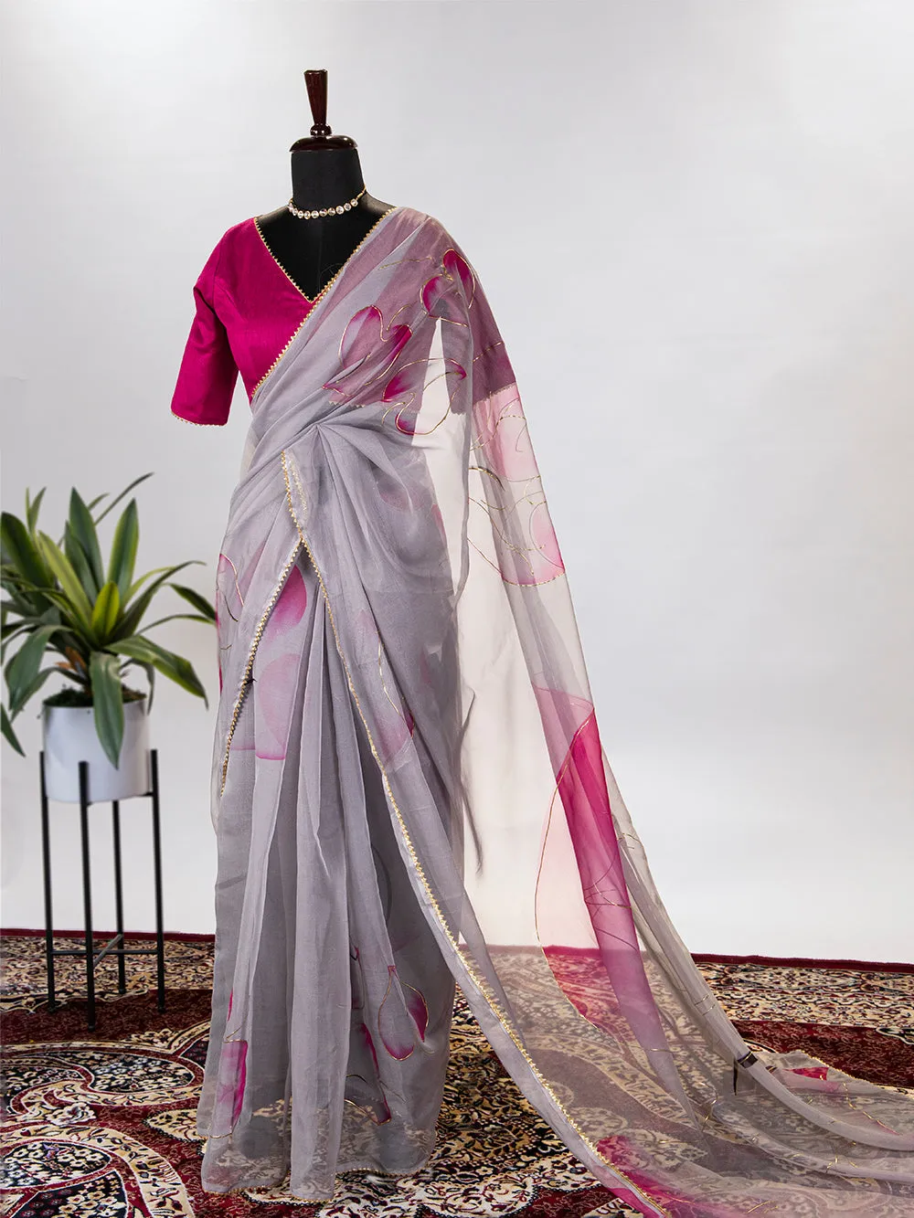 Grey Color Floral & Foil Printed Organza Saree