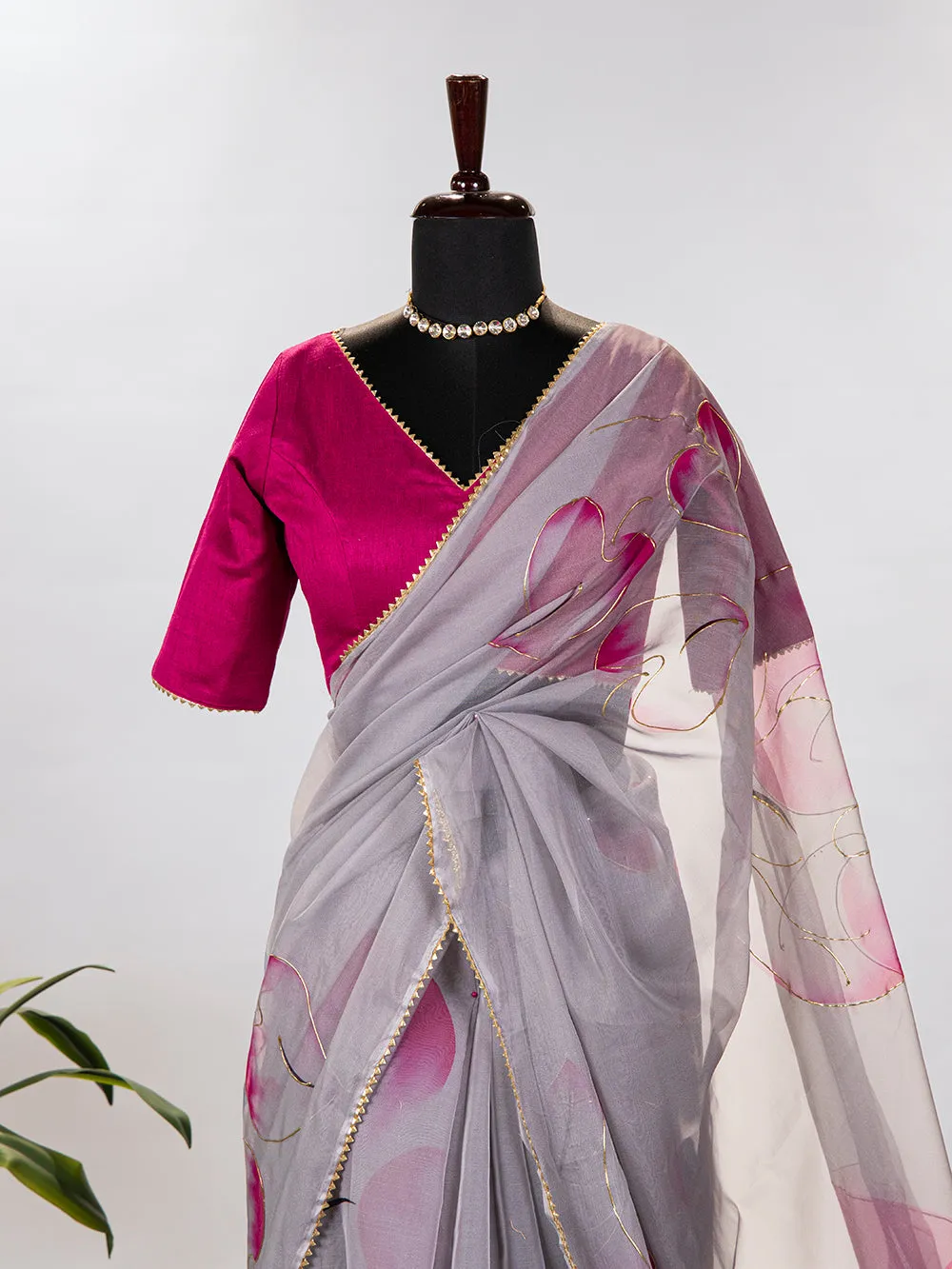 Grey Color Floral & Foil Printed Organza Saree