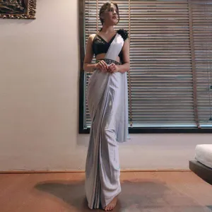 Grey colored Readymade Satin Saree with Patch and Designer Belt