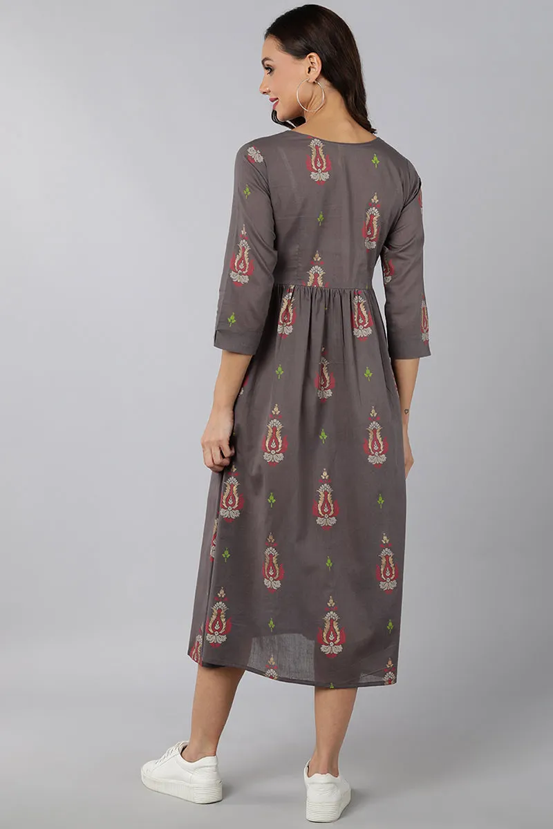 Grey Cotton Ethnic Motifs Midi Dress