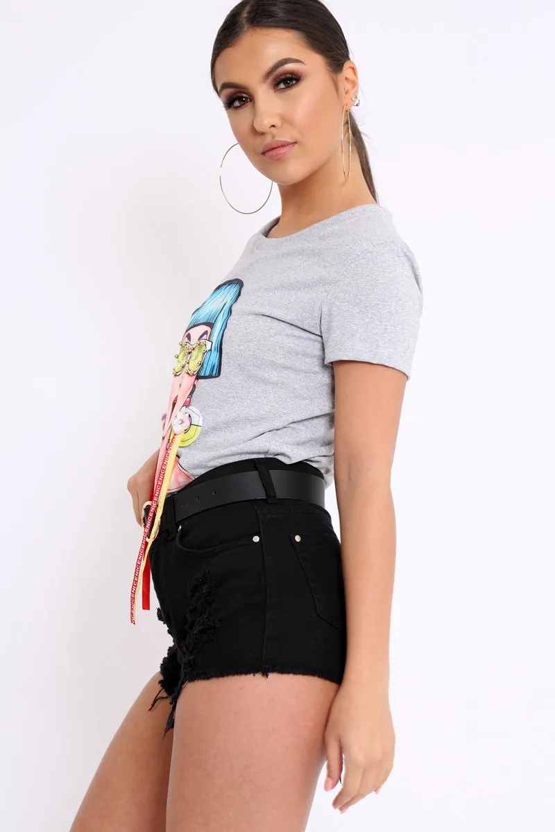 Grey Crew Neck Girls Face T-shirt with Tassels - Leacy