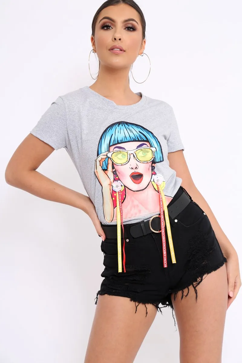 Grey Crew Neck Girls Face T-shirt with Tassels - Leacy