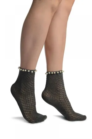 Grey Crochet With Pearls Ankle High Socks