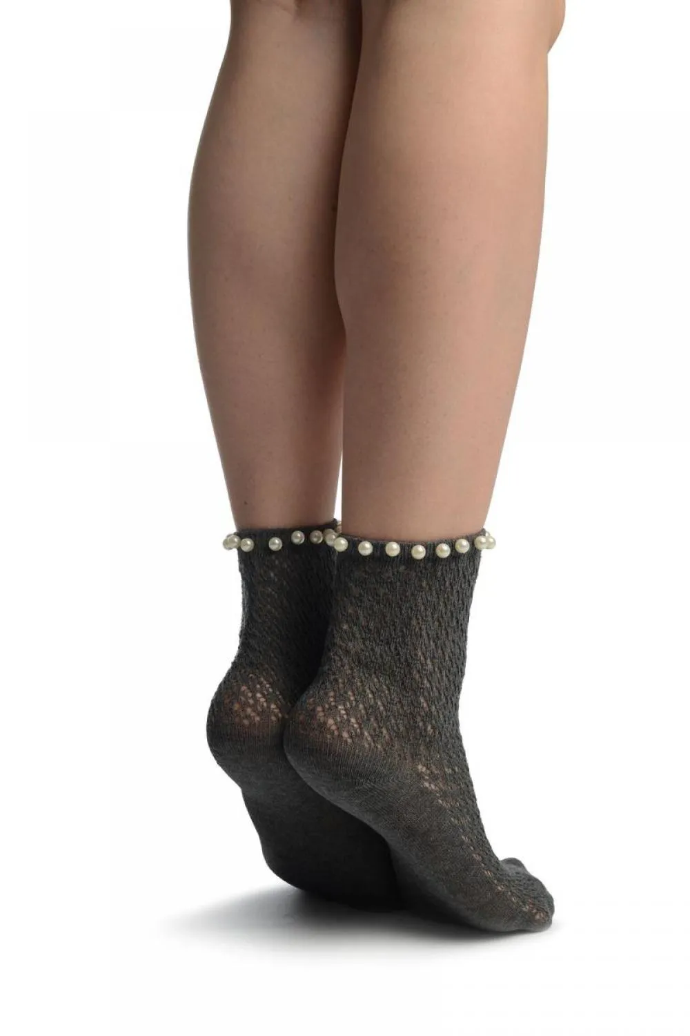 Grey Crochet With Pearls Ankle High Socks