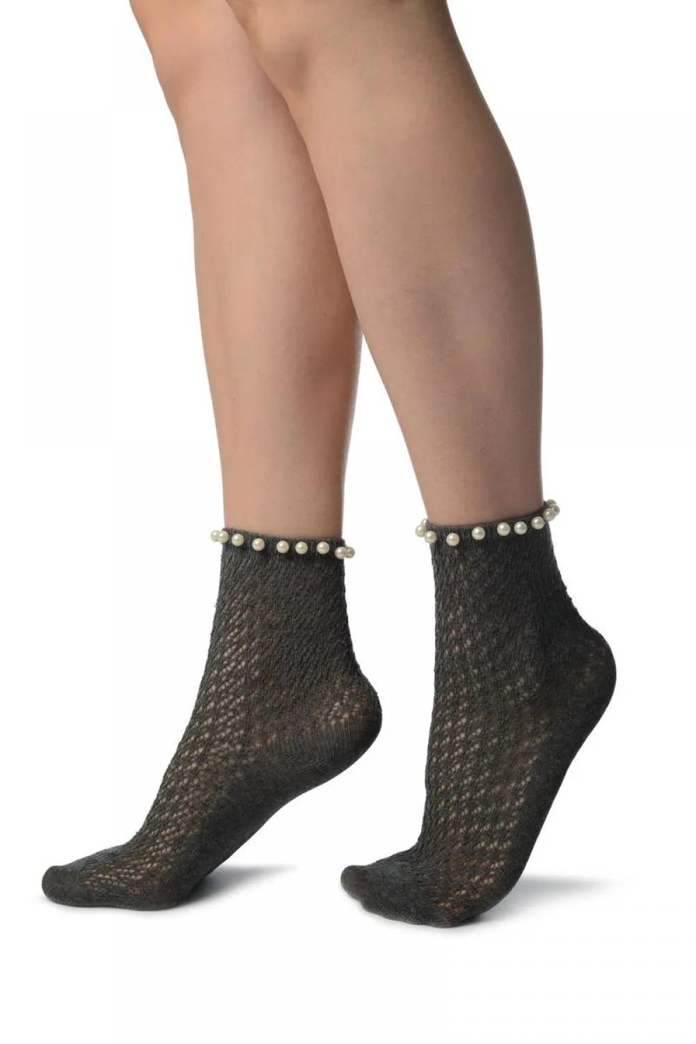 Grey Crochet With Pearls Ankle High Socks