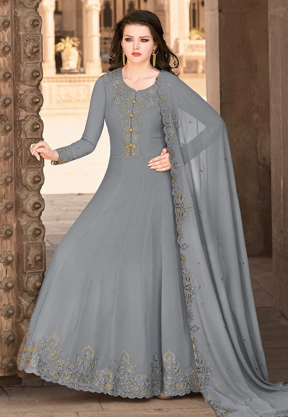 Grey Designer Embroidered Anarkali Suit