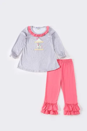 Grey dot carousel applique girl set