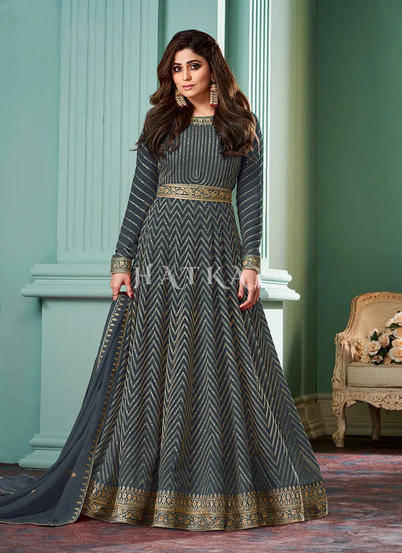 Grey Embroidered Bollywood Anarkali Suit