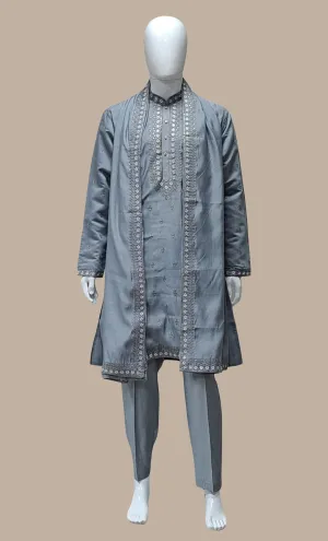 Grey Embroidered Kurta Set With Shawl