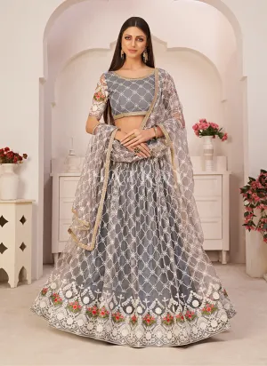 Grey Embroidered Partywear Lehenga Choli