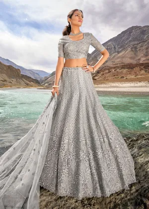 Grey Embroidered Pure Organza Designer Bridal Lehenga Choli