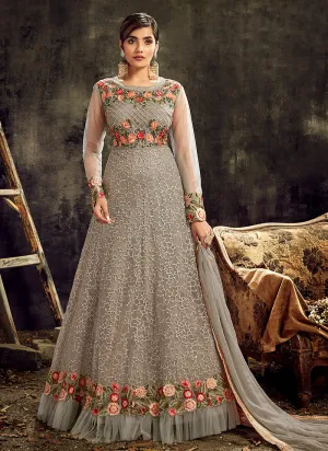 Grey Floral Embroidered Anarkali Suit