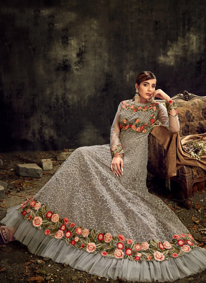 Grey Floral Embroidered Anarkali Suit