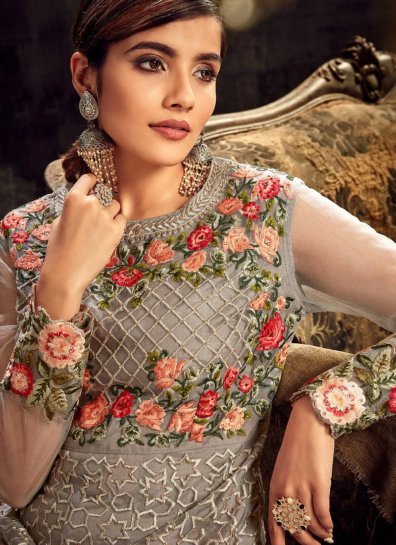 Grey Floral Embroidered Anarkali Suit